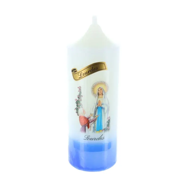 Bougie religieuse cylindrique Apparition de Lourdes base bleue 14,5 cm