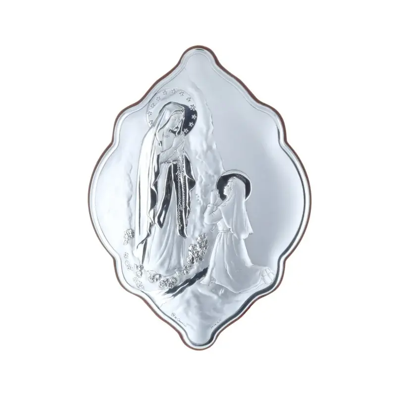 Cadre religieux original Apparition de Lourdes argentée 14 x 21 cm