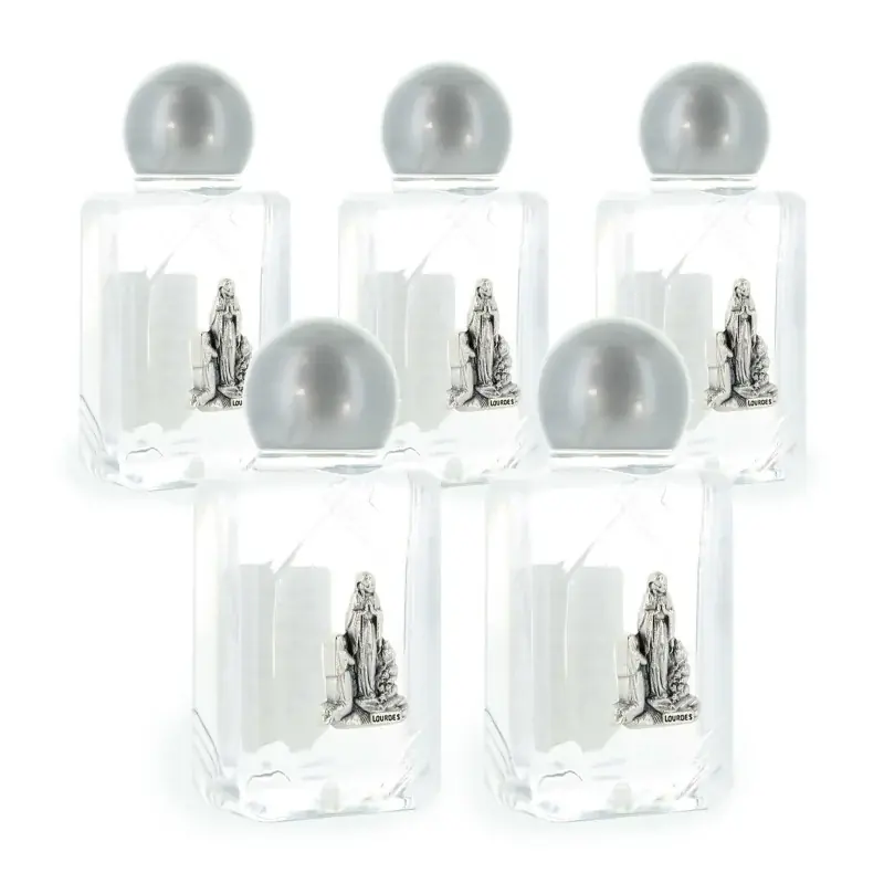 Lot de 5 Flacons en plastique 45ml d'eau de Lourdes illustré avec l' Apparition