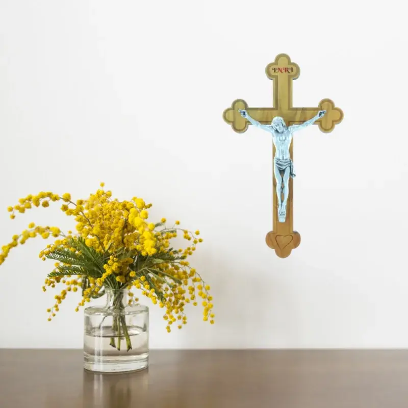 Crucifix bois trilobé et Christ argenté 16 cm