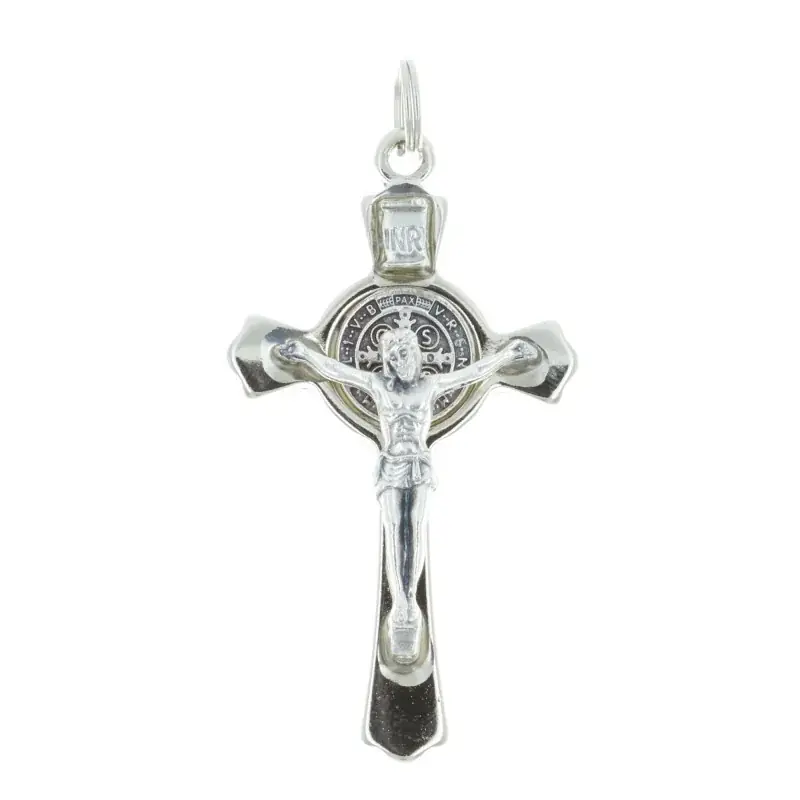 Crucifix métal Saint Benoît argenté 8 cm avec livret