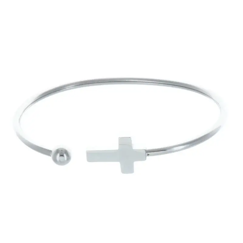 Bracelet fantaisie jonc argenté ouvert avec une croix