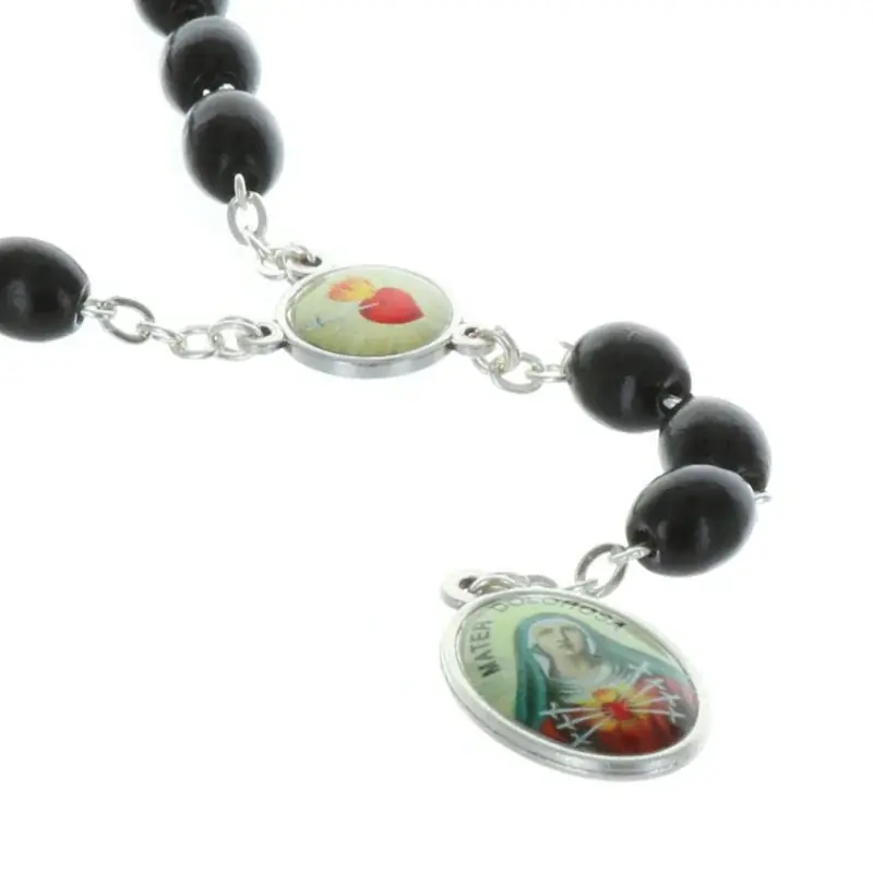 Chapelet bois grains noir, les cinq plaies du Christ