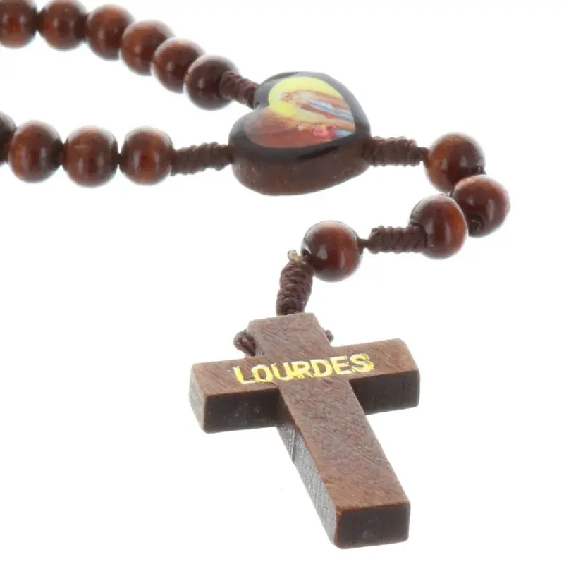 Chapelet de Lourdes en corde grains bois, paters et coeur Apparition de Lourdes.
