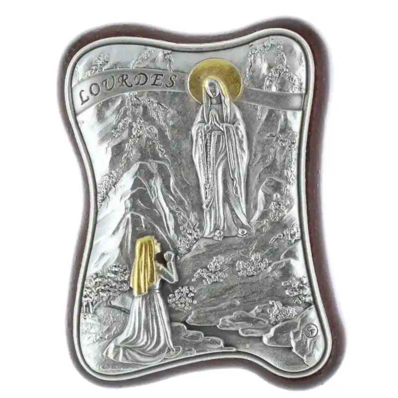 Cadre religieux ondulé Apparition de Lourdes argentée 4,5 x 6,5 cm
