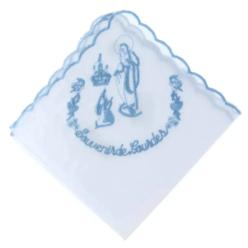 Mouchoir tissu brodé de l'Apparition de Lourdes et souvenir de Lourdes
