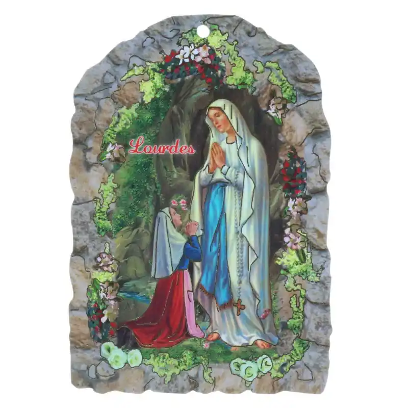 Cadre religieux en bois Vierge Marie, Grotte de Lourdes et Dizainier à la rose 7,5 x 11 cm