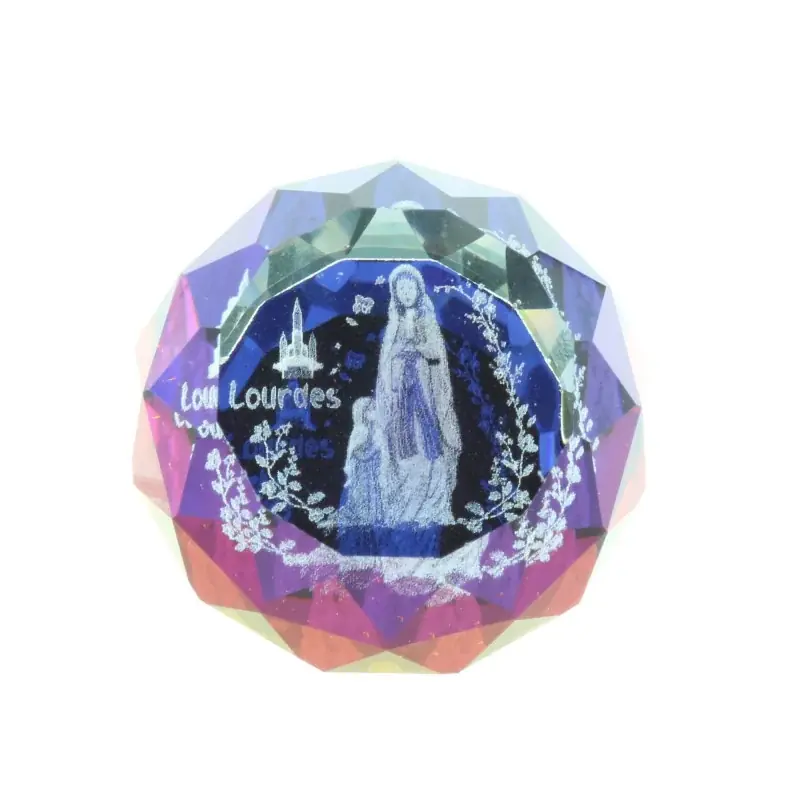 Verre gravé laser 3D reflets colorés et Apparition de Lourdes 2,5 cm