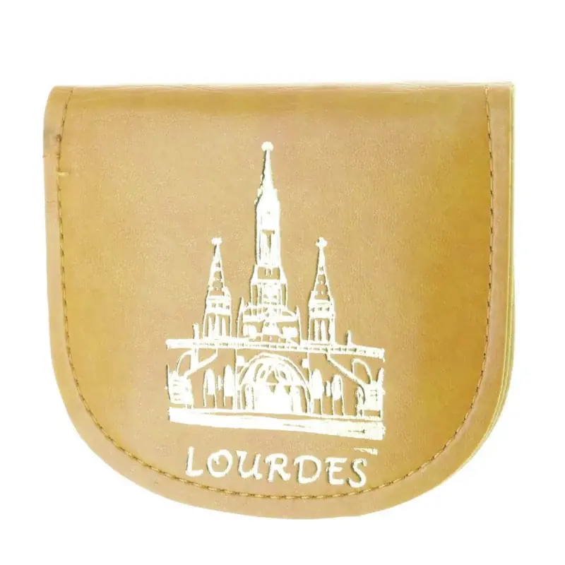 Etui à chapelet en cuir avec la Basilique de Lourdes dorée