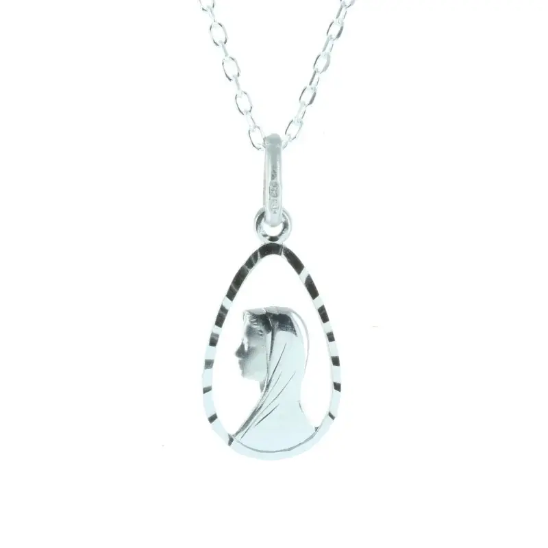 Parure Argent massif, chaîne et médaille du portrait de la Vierge
