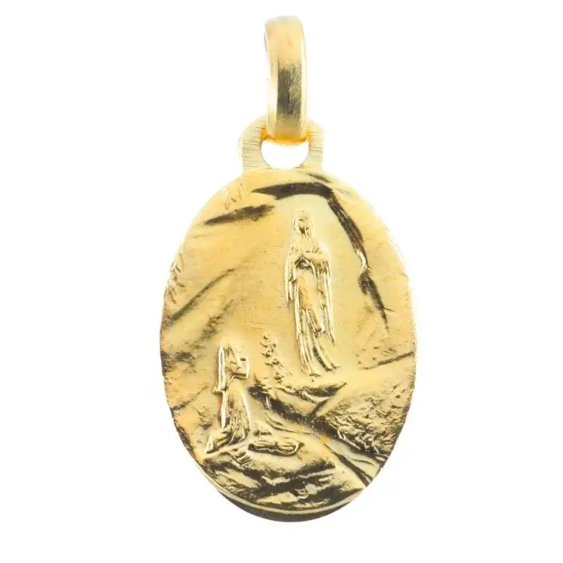 Médaille métal doré de l'Apparition de Lourdes en boite