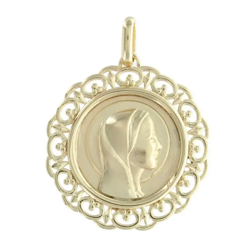 Médaille Plaqué Or 30mm, Vierge Marie et contours dentelles