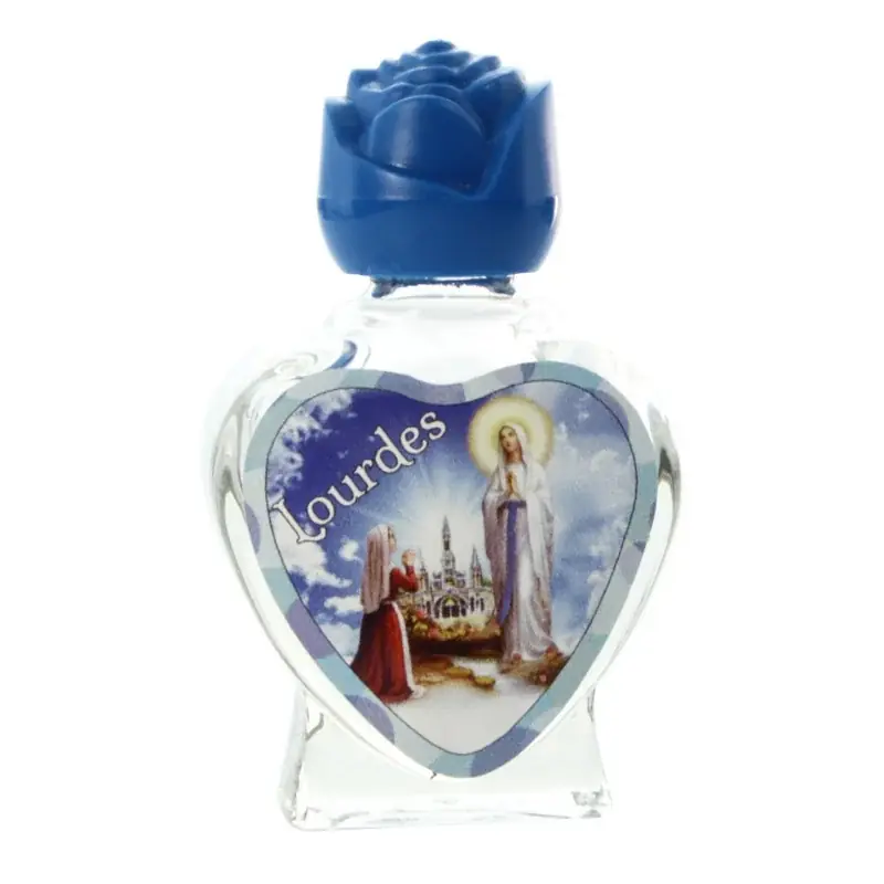 Flacon verre avec 20 ml d'eau de Lourdes en coeur Apparition de Lourdes