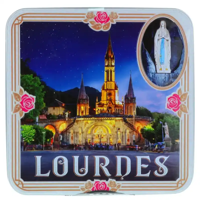 Coffret gourmand, boîte à biscuit vue Basilique de Lourdes contenant 130g de sablés