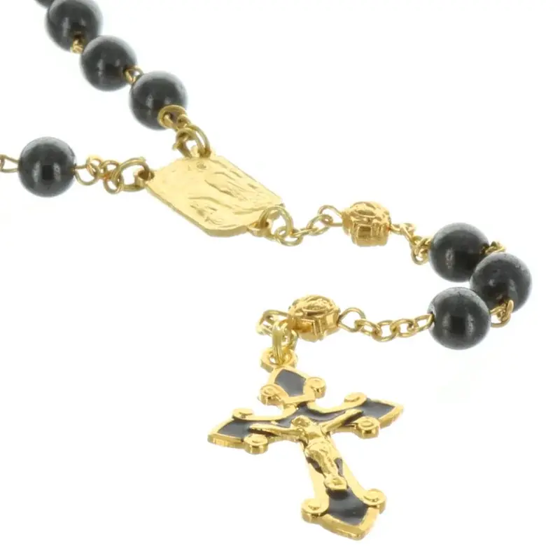 Chapelet de Lourdes en hématite et paters en forme de roses dorées