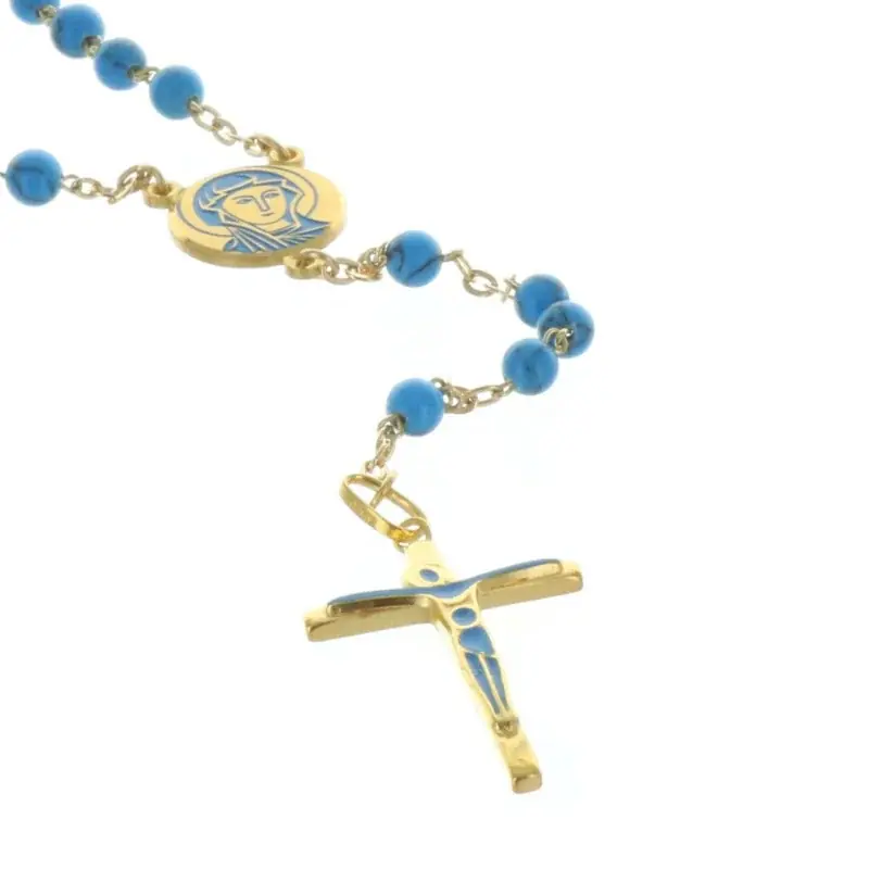 Chapelet de Lourdes grains en turquoises et croix Plaqué Or