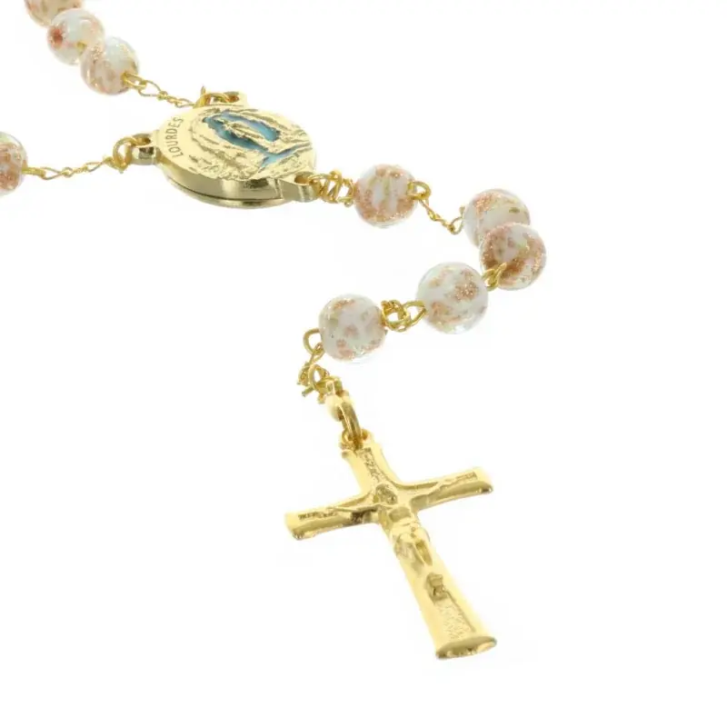 Chapelet en verre de Murano, croix en métal doré et Coeur avec Eau de Lourdes