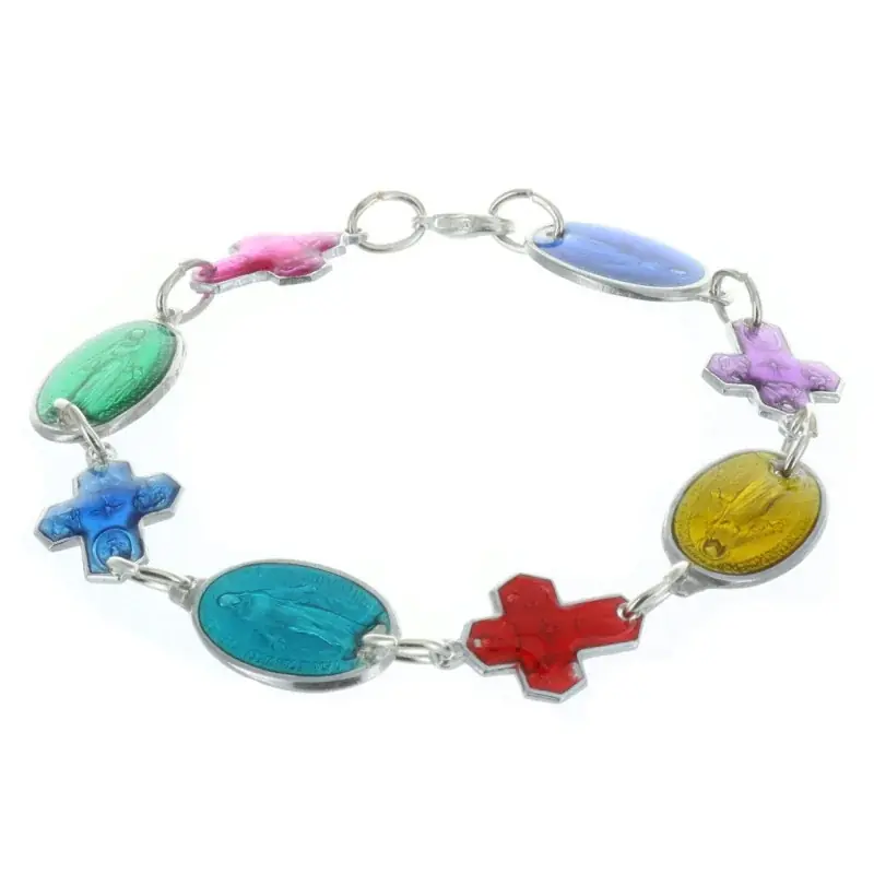 Bracelet médailles de la Vierge Miraculeuse et croix émaillées couleurs