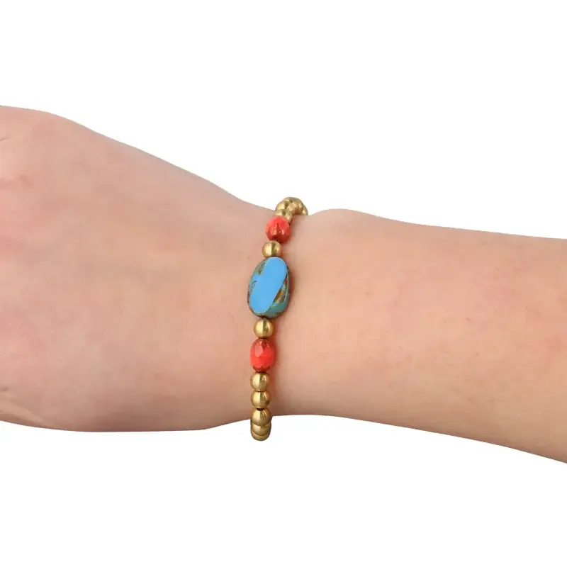Bracelet fantaisie perles dorées et pierres véritables - Bleu