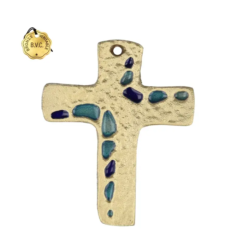 Crucifix en Bronze martelé avec des détails colorés 8,5 cm
