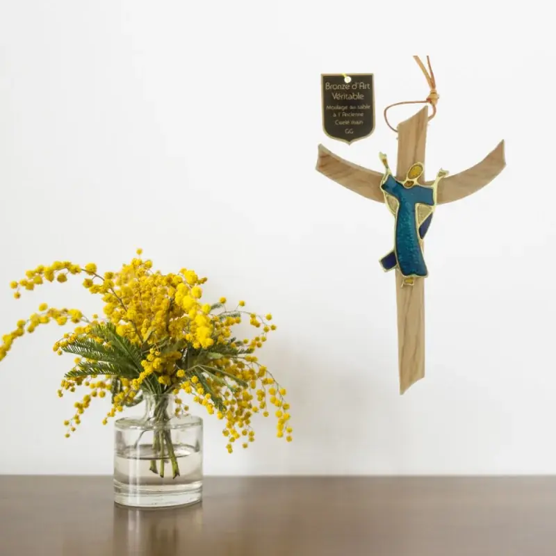 Crucifix Christ glorieux en Bronze et bois d'olivier 16 cm