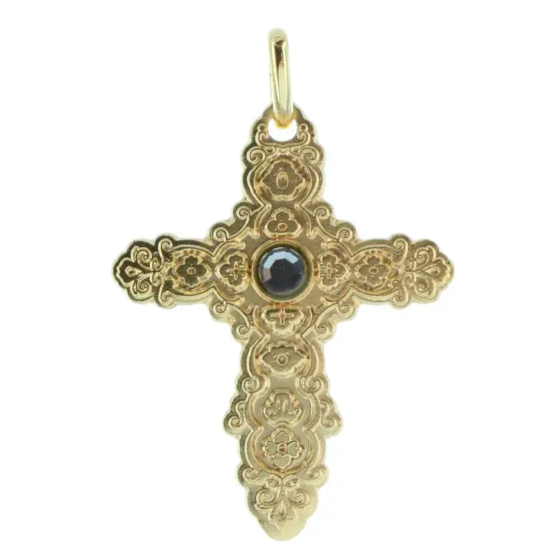 Croix Plaquée Or style barroque avec un strass noir