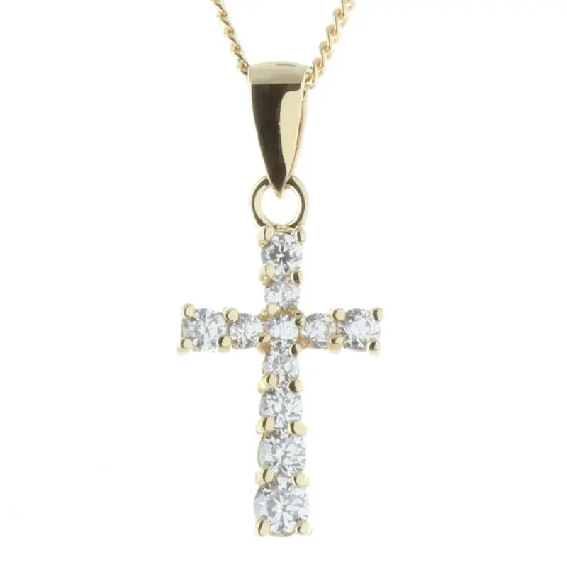 Parure pendentif croix Plaqué Or avec zircon sur chaîne dorée 45cm