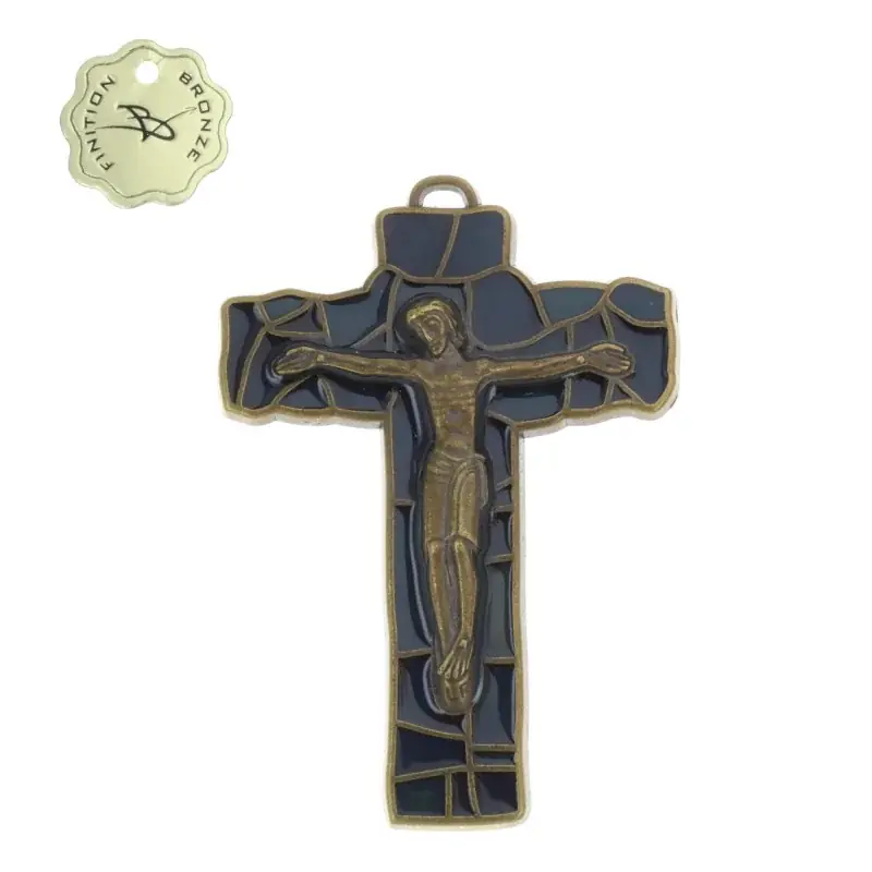 Crucifix Bronze finitions émaillé bleu foncé 8cm