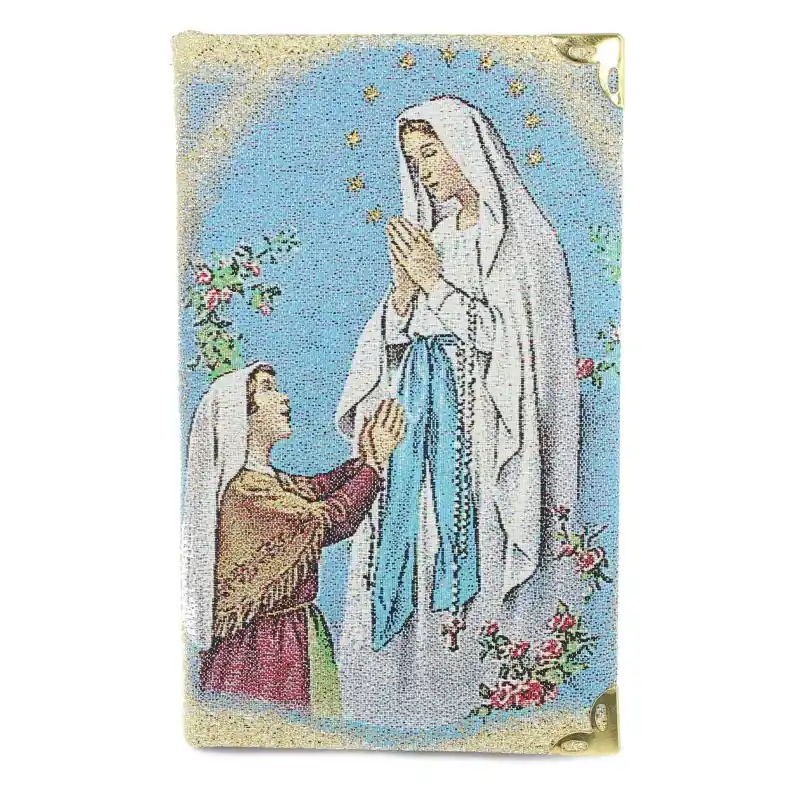 Bloc notes Notre Dame de Lourdes avec couverture en tissu brodé de fil doré