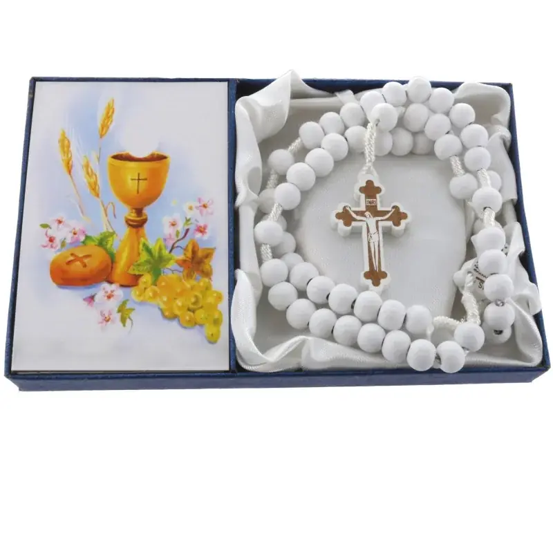 Chapelet de Communion en boîte avec des grains en bois