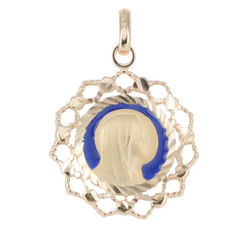 Médaille de la Vierge Marie en Plaqué Or, contours dentelés et fond bleu 20mm