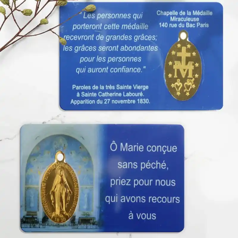 Carte de prière avec Médaille Miraculeuse de la rue du Bac en métal doré