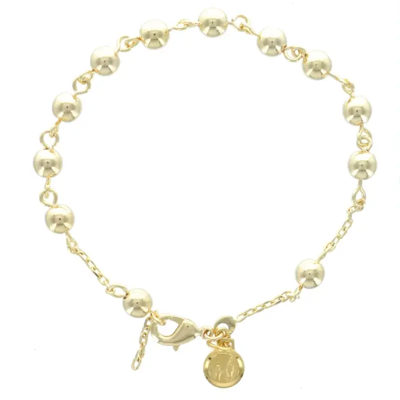 Bracelet Dizainier en Plaqué Or, perles 6mm et médaille de Lourdes