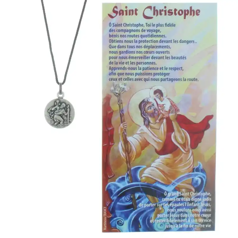 Collier de Saint Christophe en corde avec une prière