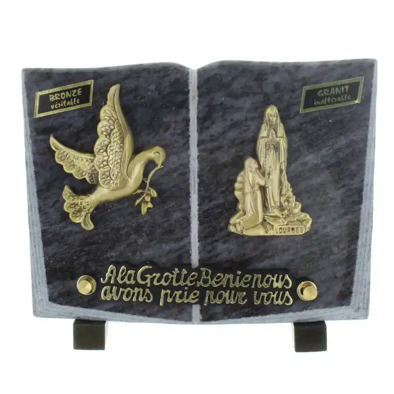Plaque Funéraire en Granit en forme de livre avec des sujets en bronze 20x15cm