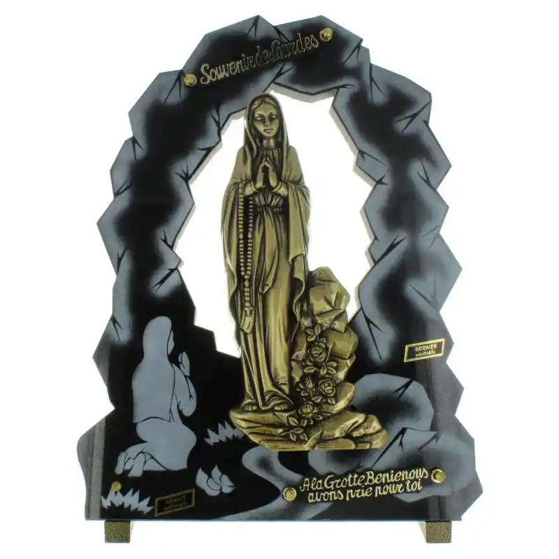 Plaque Funéraire en Granit en forme de Grotte avec la Vierge en bronze 33x44cm
