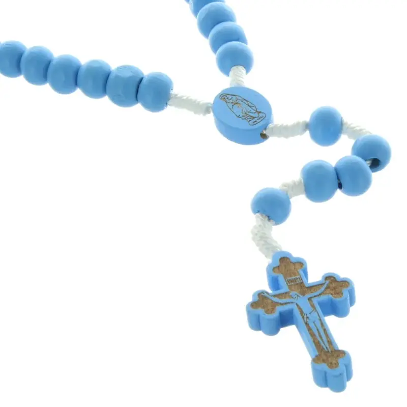 Chapelet de Lourdes en corde avec grains en bois bleu