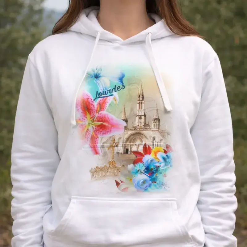 Sweat shirt de Lourdes blanc avec des orchidées