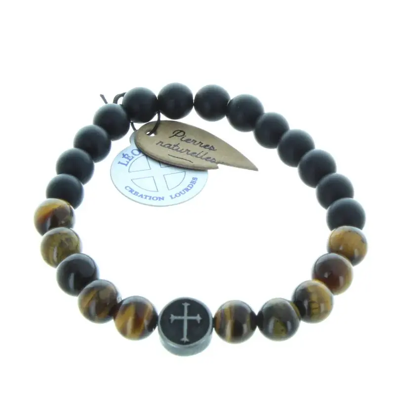 Bracelet religieux en pierre d'agate noire et oeil de tigre