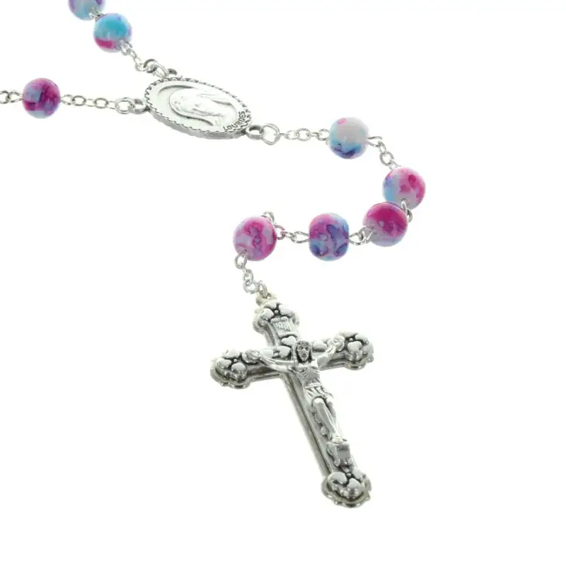 Chapelet de Lourdes avec des grains en verre marbrés colorés