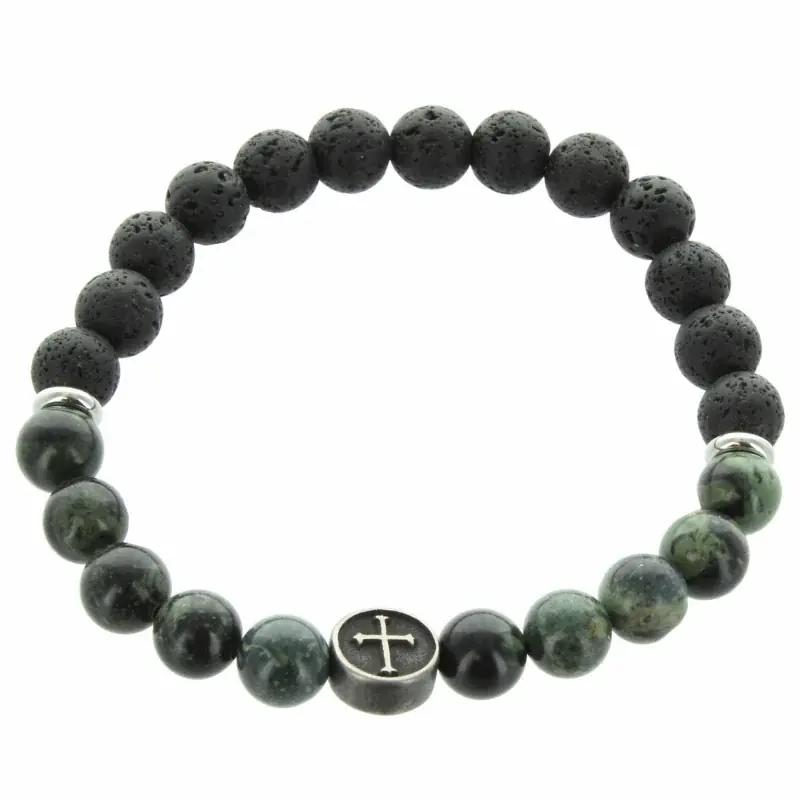 Bracelet religieux en pierres de lave noire et agate