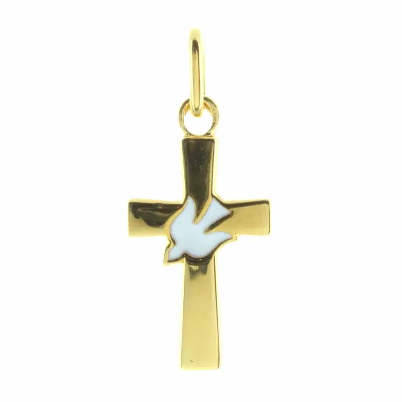 Pendentif croix en Plaqué Or avec une colombe blanche