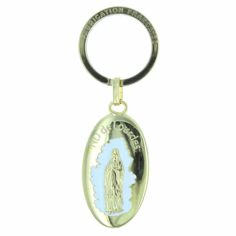 Porte-clés doré Notre Dame de Lourdes et Saint Christophe