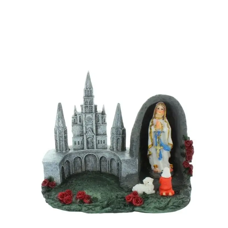 Statue de l'Apparition et de la Basilique de Lourdes en résine 13cm