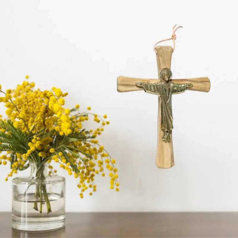 Crucifix du Christ Glorieux en Bronze et bois d'olivier de 14cm