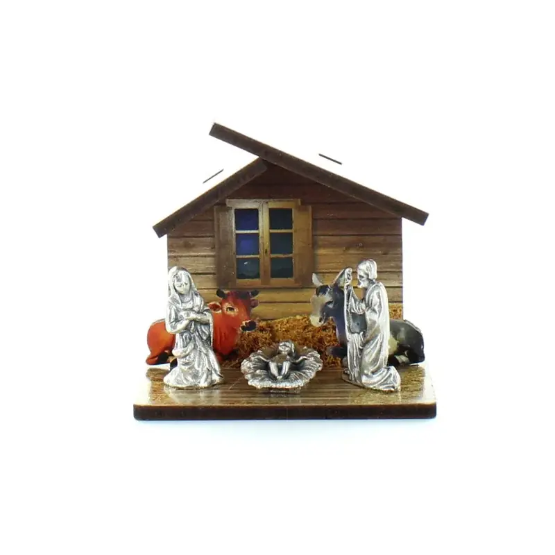 Crèche de Noël en bois et sujets nativité en métal 7 cm