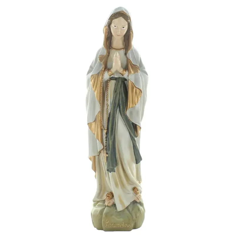 Statue Notre Dame de Lourdes patinée avec mateau or en résine 40 cm
