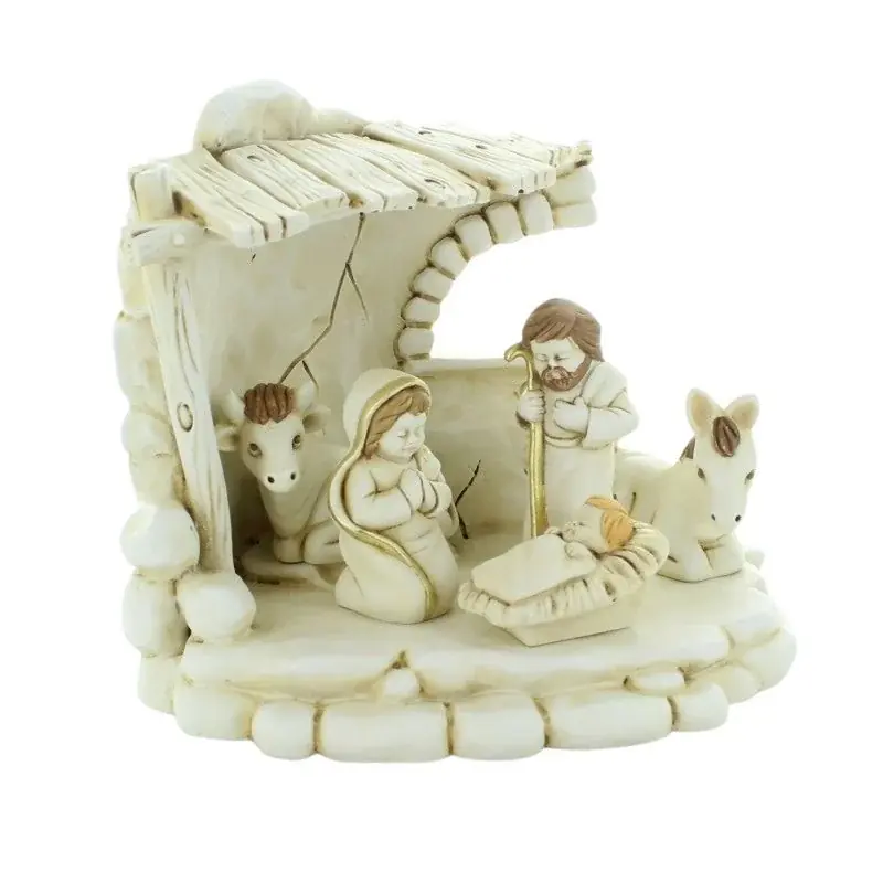 Crèche blanche et dorée en résine 18 cm