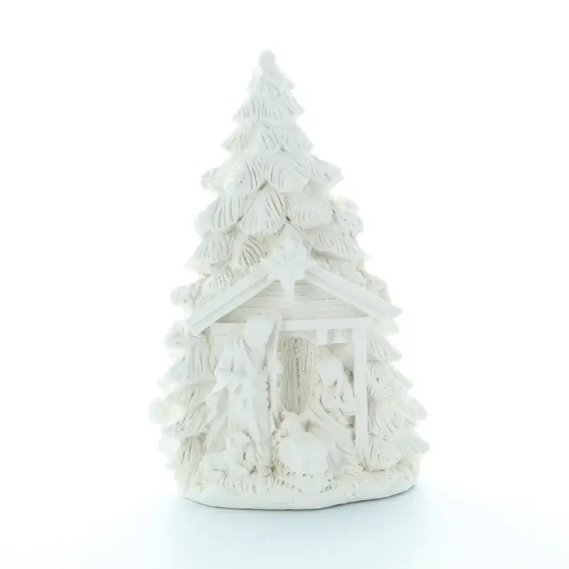 Statue de Noël blanche Sainte Famille devant un sapin 15 cm