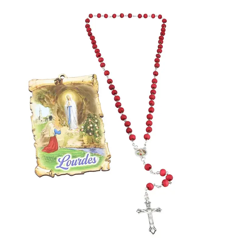 Chapelet parfum de rose avec un cadre de l'apparition de Lourdes 7x10 cm